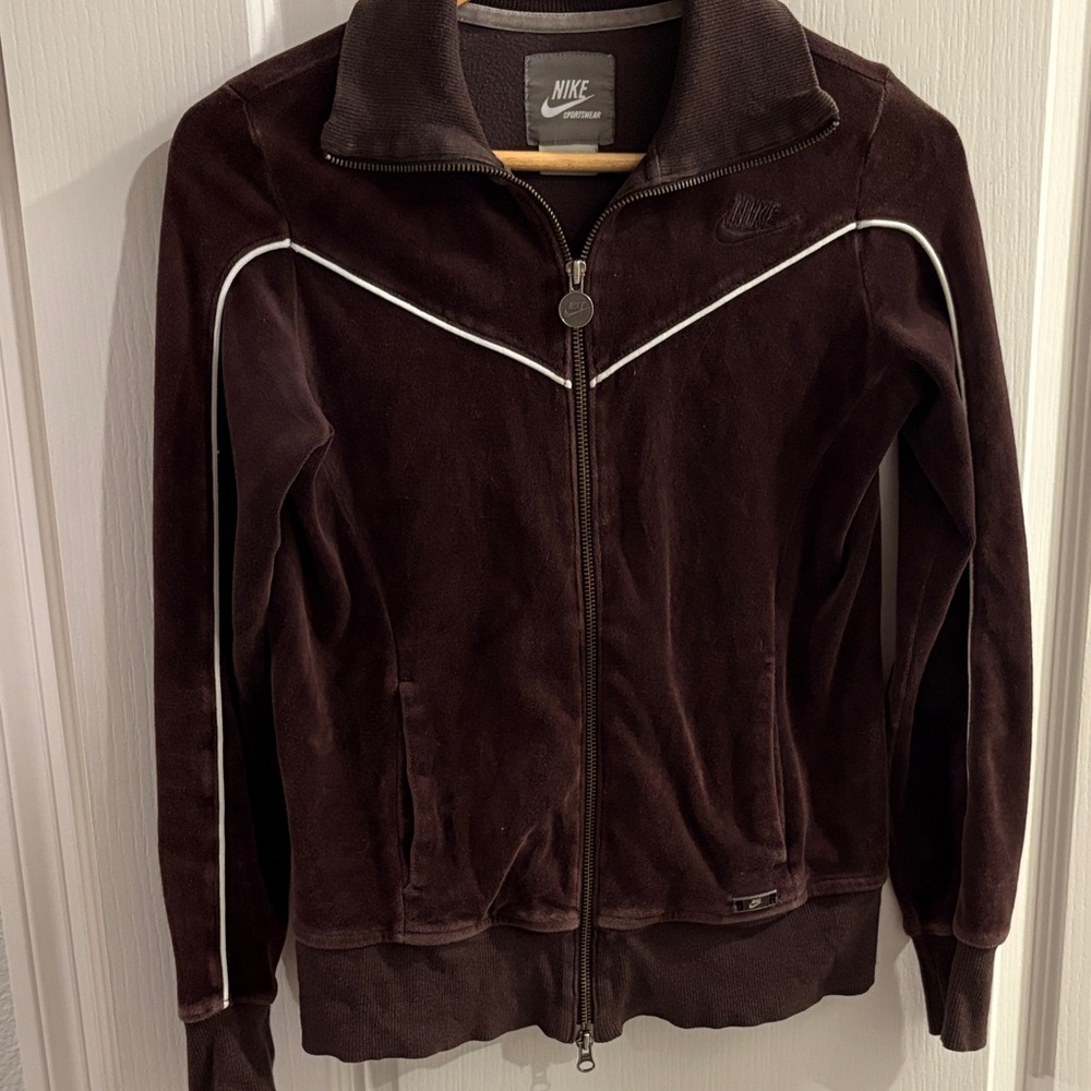 Vintage Nike Dark Brown Velour Zip Jacket with White Piping